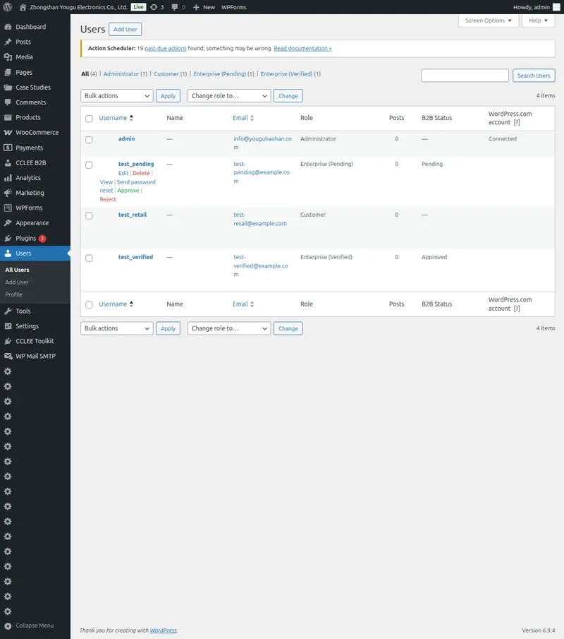 Users List B2B Status Column