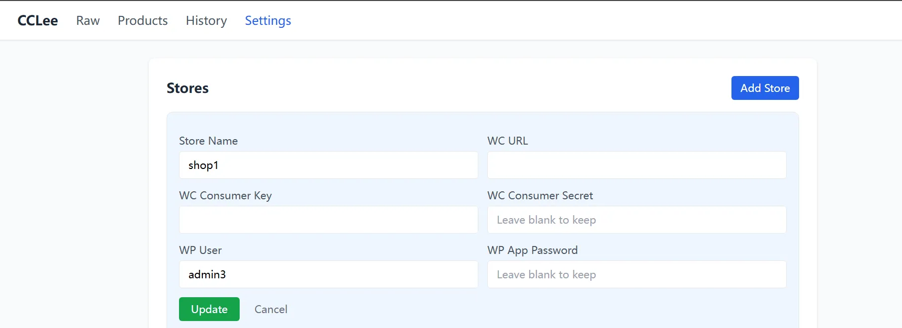 Settings page
